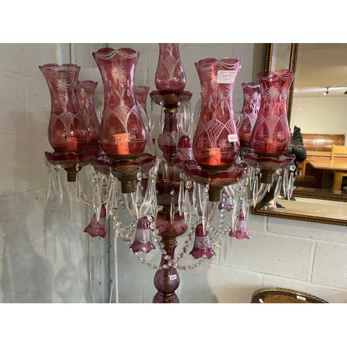 173 - Victorian Cranberry glass floor lamp (one shade damaged, some minor chips to edges - will require re... 