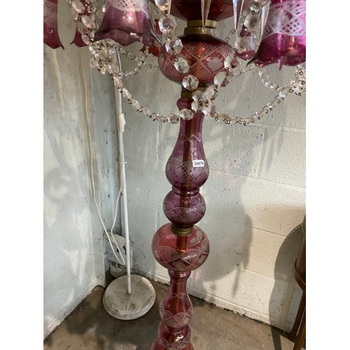 173 - Victorian Cranberry glass floor lamp (one shade damaged, some minor chips to edges - will require re... 