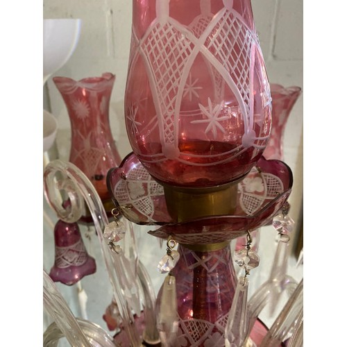 173 - Victorian Cranberry glass floor lamp (one shade damaged, some minor chips to edges - will require re... 