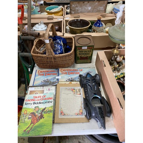 472 - John Farrah Ltd treacle toffee tin, wicker baskets, cast Pheasant door stop, galvanised watering can... 