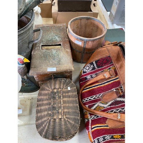 472 - John Farrah Ltd treacle toffee tin, wicker baskets, cast Pheasant door stop, galvanised watering can... 