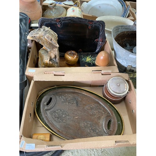 472 - John Farrah Ltd treacle toffee tin, wicker baskets, cast Pheasant door stop, galvanised watering can... 