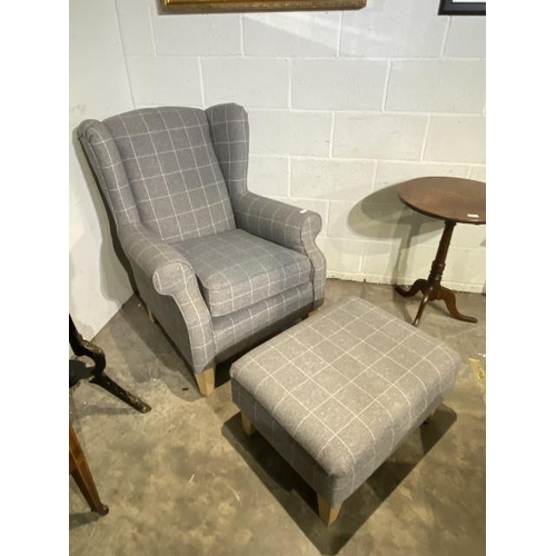 120 - Next Sherlock grey checked wing armchair 85W with a matching box footstool 38H 70W 50D