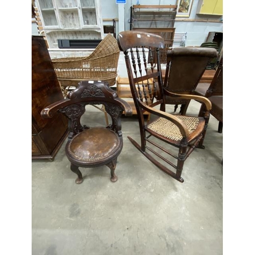 130 - Early carved oak side chair 59W & a Victorian oak rocking chair 53W