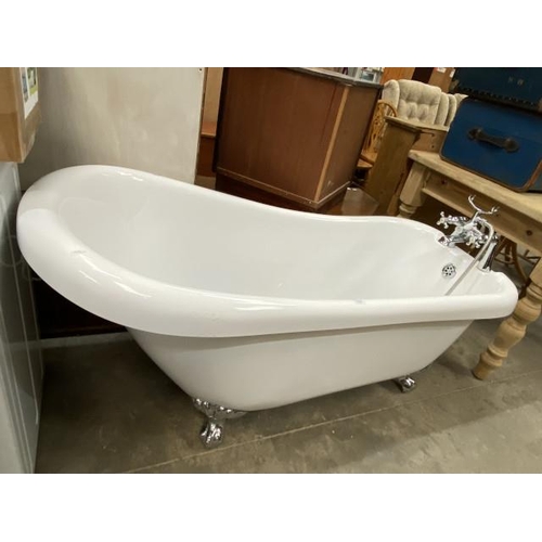 149 - Acrylic free standing bath with chrome taps and ball and claw feet 76H 155W 70D