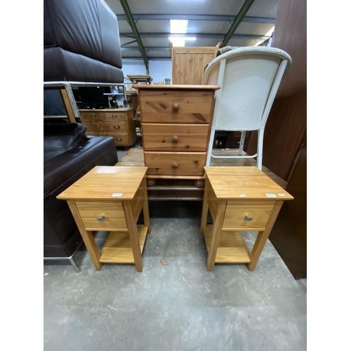 179 - Pair of pine bedside cabinets 56H 32W 32D and a pine 3 drawer chest 53H 44W 39D