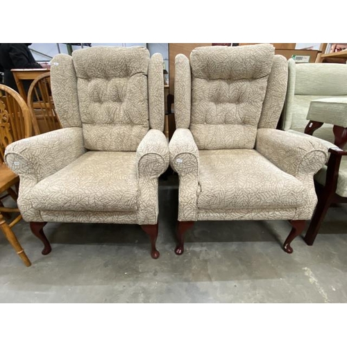 182 - Pair of oatmeal chenille wing back armchairs 82W