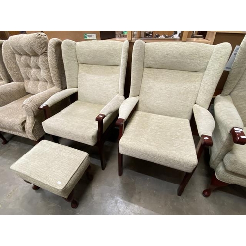 183 - Pair of HSL high back chairs 75W with 1 matching footstool 35H 47W 31D