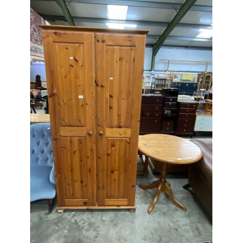 224 - Camelot Pine Ltd 2 door wardrobe 188H 90W 57D and a pine pedestal table 76H 76cm diameter