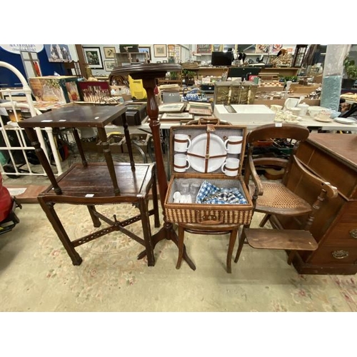 236 - Victorian child's highchair 39W, mahogany torchere 121H 31cm diameter, picnic hamper etc