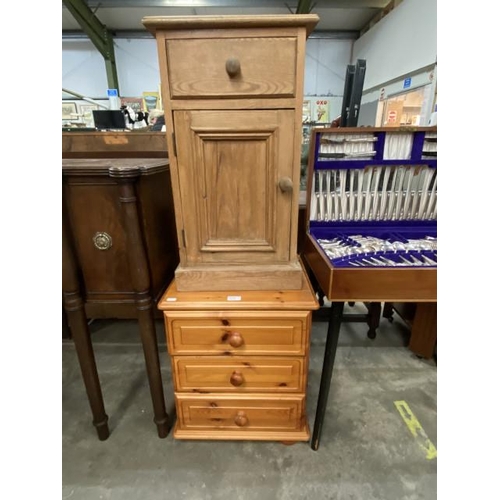 241 - Pine pot cupboard 69H 40W 32D & a pine 3 drawer chest 55H 46W 40D