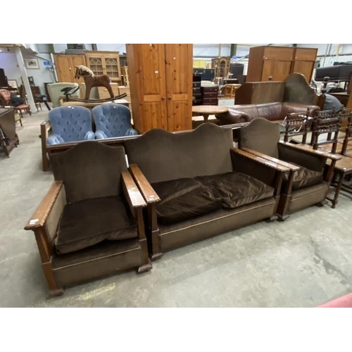 250 - Art Deco oak framed suite (settee 126W, 2 chairs 67W)