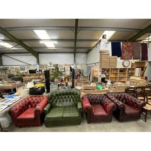 255 - 3 red leather button back Chesterfield club chairs 100W, 105W & 110W and a green leather button back... 