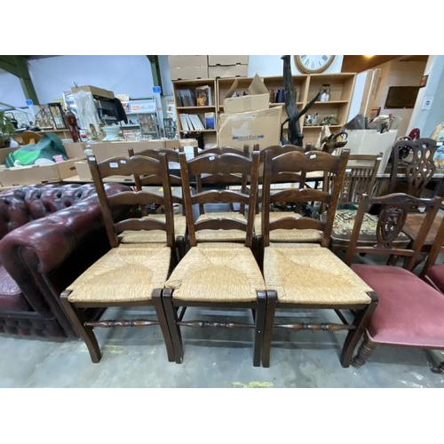 256 - 6 oak rush seated dining chairs 44W