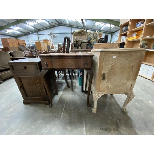 258 - French oak pot cupboard 85H 42W 43D, walnut side table 72H 60W 36D & an oak pot cupboard 66H 40W 38D