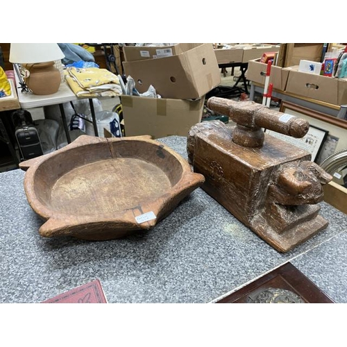 278 - Primitive apothecary press with Rams head & a hand carved teak bowl