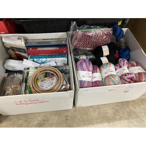 576 - 2 boxes of sewing and knitting accessories including Stylecraft Head over Heels All Stars yarn, Pato... 