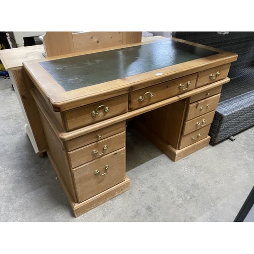 61 - Pine pedestal desk with green leather inset 79H 125W 64D (leather as found)