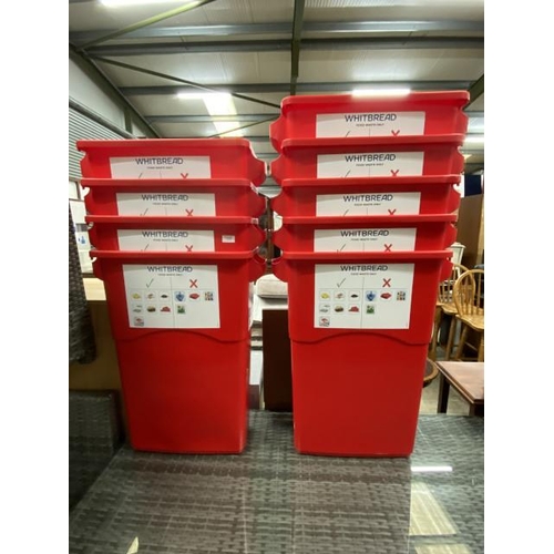 63 - 9 red plastic storage bins 75H 58W 20D