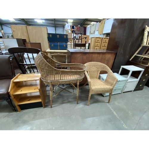 68 - Wicker dolls crib 105H 85W 55D, Lloyd Loom wicker chair 60W, Lloyd Loom wicker chest 46H 56W 35D etc