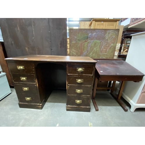 70 - Victorian oak desk with brass cup handles 77H 110W 50D and a vintage pine school desk 74H 57W 49D