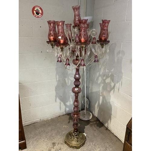 83 - Victorian Cranberry glass floor lamp (one shade damaged, some minor chips to edges, 2 decorative bel... 