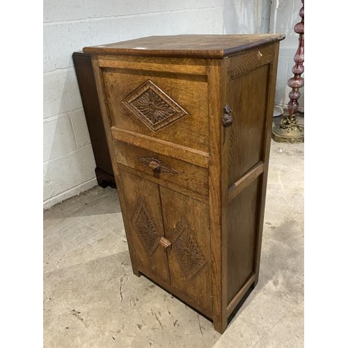 Early Robert 'Mouseman' Thompson (1876-1955), carved oak sewing cupboard with one drawer, 2 doors and a hinged lift up lid 93H 48W 29D (no back panel or base panel, signs of worm)