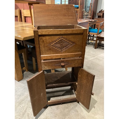 87 - Early Robert 'Mouseman' Thompson (1876-1955), carved oak sewing cupboard with one drawer, 2 doors an... 