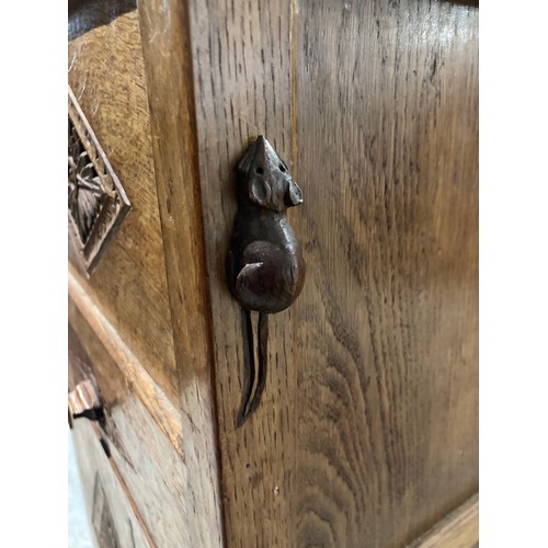 87 - Early Robert 'Mouseman' Thompson (1876-1955), carved oak sewing cupboard with one drawer, 2 doors an... 