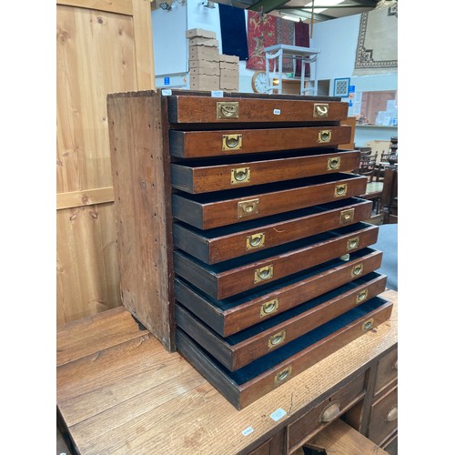 213 - Victorian mahogany bank of 9 drawers with brass cup handles 74H 72W 35D