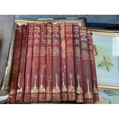 570 - 2 carafs, ceiling light with glass shades, box of vintage books including Bible, metal door handles ... 