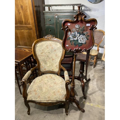 101 - Victorian French style ladies chair 65W & a William IV rosewood pole screen with beaded panel  147H