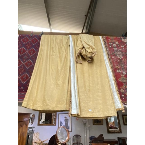 105 - 2 pairs of fully lined gold curtains with tasselled edge, pelmets and tie backs (each individual cur... 