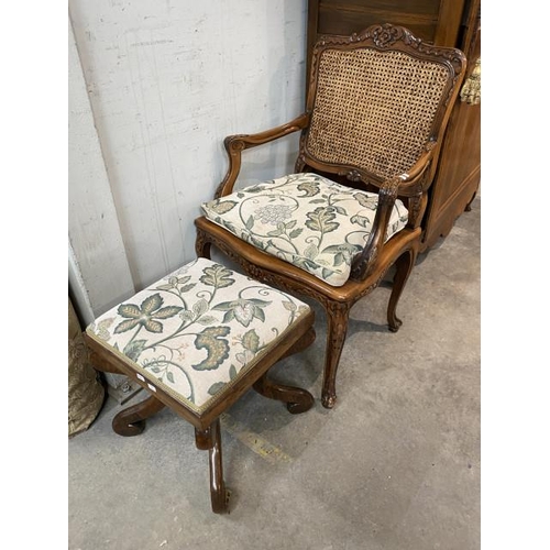 112 - French mahogany bedroom chair 64W and a matching footstool 42H 42W 42D