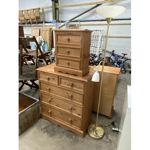 124 - Pine 2 over 3 chest 102H 91W 45D, pine 3 drawer bedside chest 60H 48W 29D and a brass standard lamp