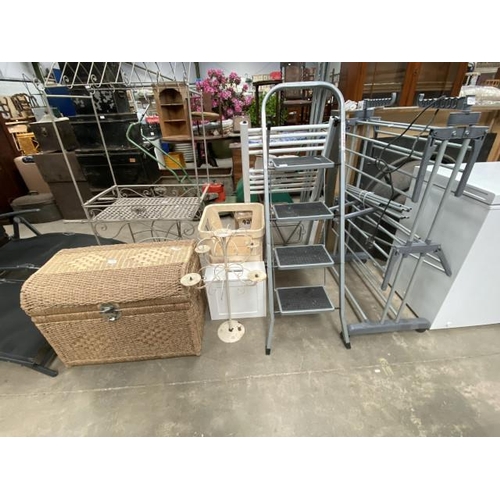 134 - Wicker trunk 53H 74W 45D, step ladders, clothes airer, candelabra etc