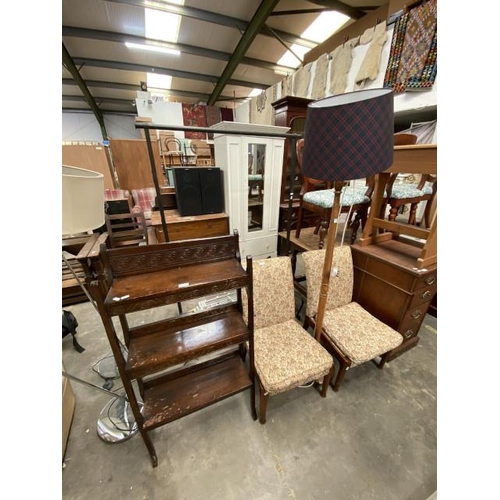 169 - Oak bookcase 115H 60W 21D, an oak standard lamp & a pair of Parker Knoll, Model 747 MK1 side chairs ... 