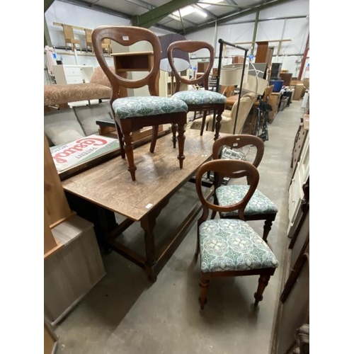 174 - Antique oak serving table 76H 167W 69D and 4 mahogany chairs 45W