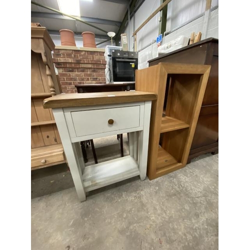 188 - Oak open bookcase (top as found) 92H 43W 42D & an oak topped bedside table 76H 60W 32D