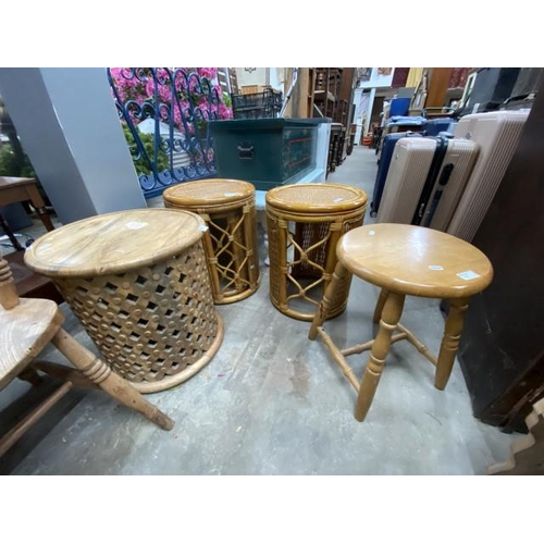 195 - Pine stool 44H, 2 rattan occasional tables 50H 38cm diameter & an Oriental style lamp table 47H 44cm... 