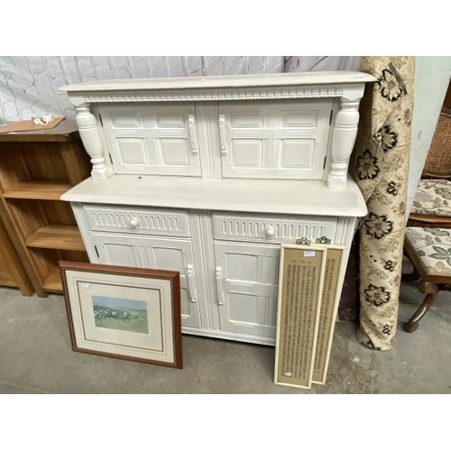 203 - Cream painted dresser 125H 122W 46D, 2 framed Oriental silks 72H 17W & a framed print 'Rounding Tatt... 