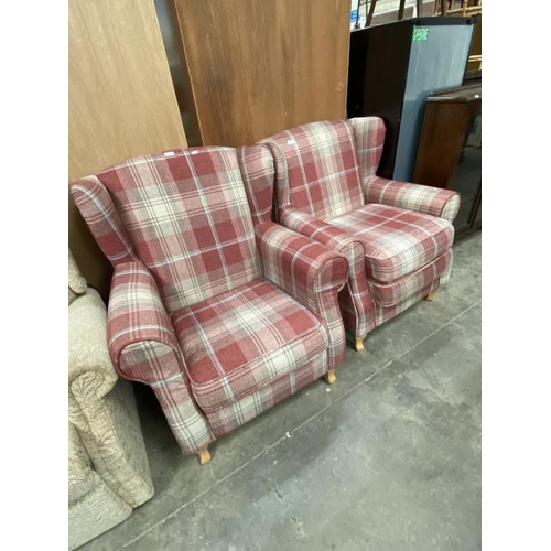 234 - Pair of tartan upholstered wing armchairs 82W