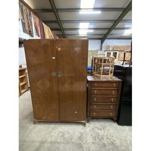 240 - Denby & Spinks Ltd, Leeds & Harrogate, walnut wardrobe 188H 121W 54D, oak 5 drawer chest 107H 71W 46... 