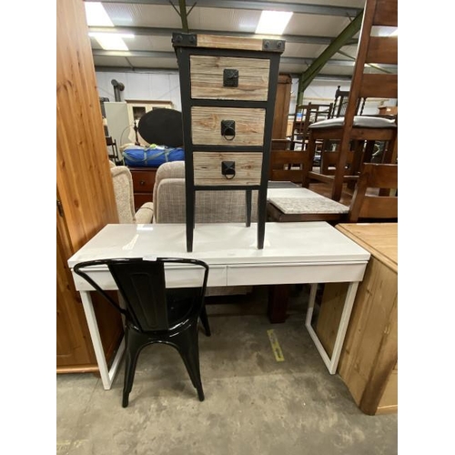 244 - Contemporary white desk 74H 120W 41D, black metal chair and a contemporary 3 drawer chest 73H 34W 29... 