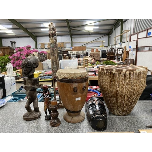 268 - 5 tribal carvings & 2 tribal drums