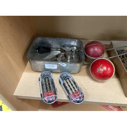 298 - Two cricket balls, 5 whistles inc. 4 The ACME Thunderers & 2 cased Unicorn dart sets