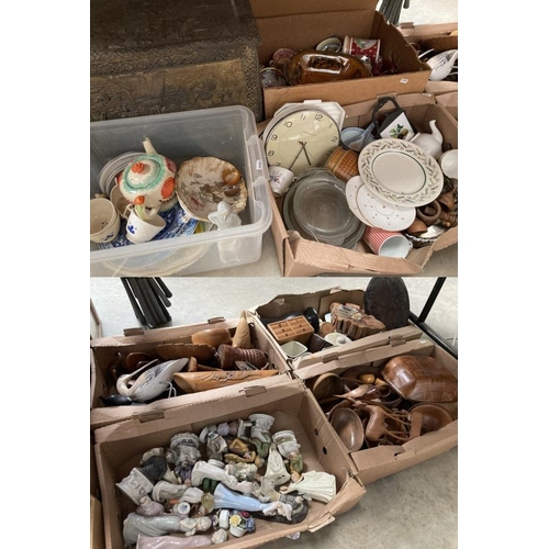 533 - 7 boxes of collectables, ceramics, brass log box, treen, glass, President wall clock etc.