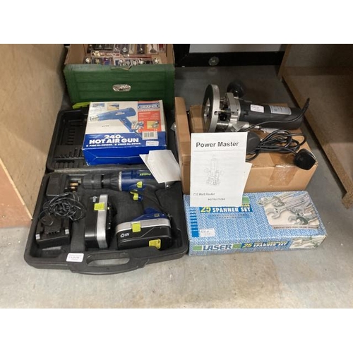 535 - Boxed PowerMaster 710w router with manual, boxed Laser 25 piece spanner set, Draper 240v Hot Air Gun... 