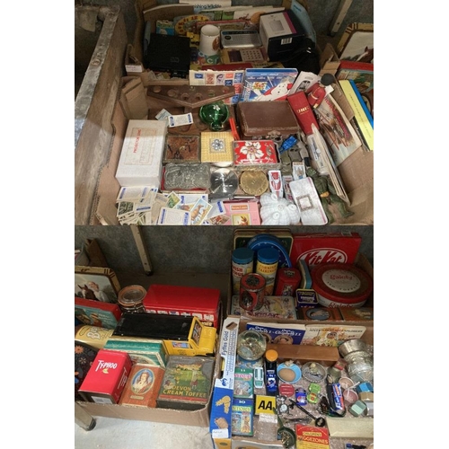 551 - 5 boxes of collectables inc. advertising tins, compacts, pipe rack, tea cards, microscope, napkin ri... 