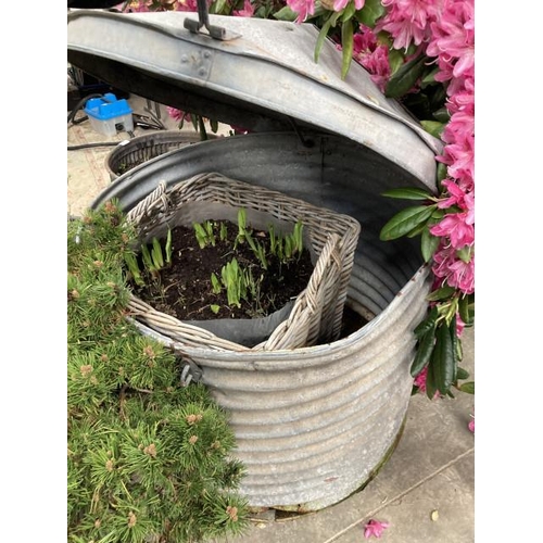 615 - Galvanised log bin/grain store 65H 90cm diameter with log basket planter to interior (please arrange... 